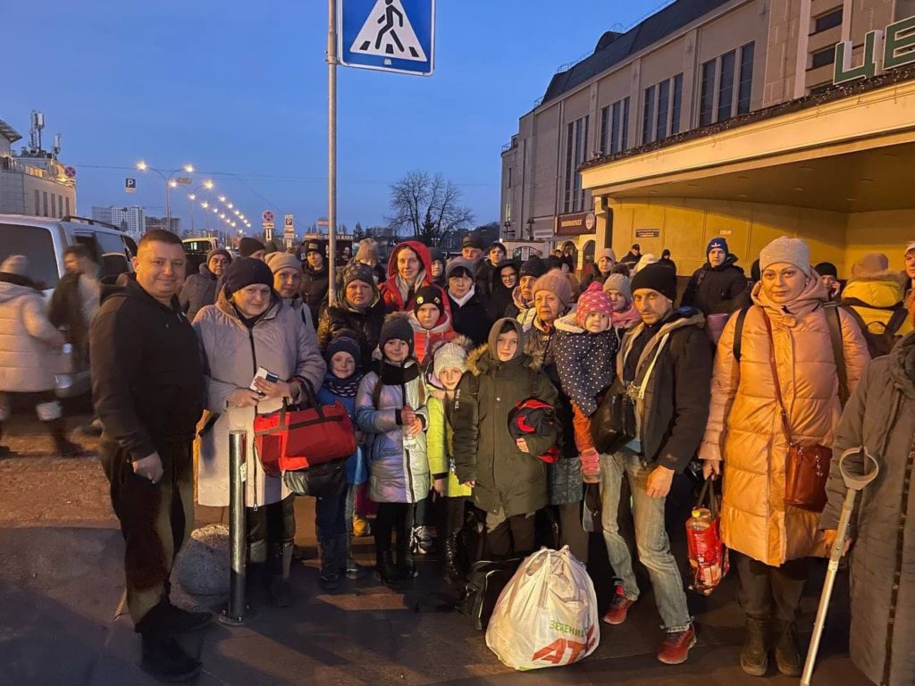 A group of evacuees from Chernihiv; Sergey is on the left